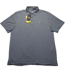 Under Armour Polo Shirt Mens Large UPF 30 Anti Odor Golf Performance Navy Stripe