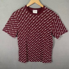 Champion Script Logo All Over Print T Shirt Mens M Maroon Heritage