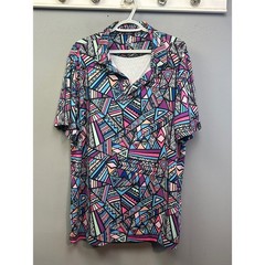 DEOLAX Polo Shirt Mens XL Multicolor Geometric Tribal Print Short Sleeve Stretch