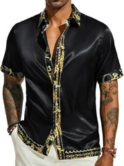 Mens Short Sleeve Button Down Shirt Satin Silk Hawaiian Printed Casual Beach