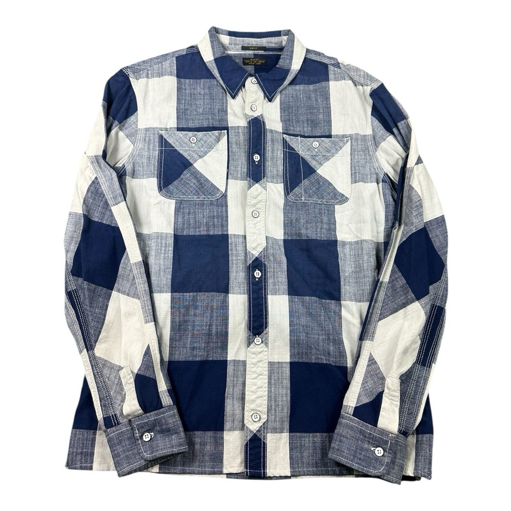 Allsaints Blue White Heavy Twill Cotton Metal Button Men’s Shirt Size Medium