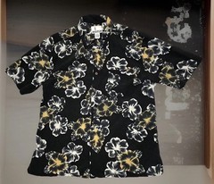 Men’s Polo Shirt Floral Black White Yellow Button Down 100% Silk Size Large Soft