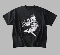 Cool Smoking Cat Graphic T-Shirt Funny Animal Print Retro Style Black Tee