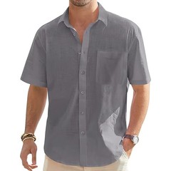 Men’s Solid Color Cotton Linen Short Sleeve Shirts Vacation Beach Summer Gift
