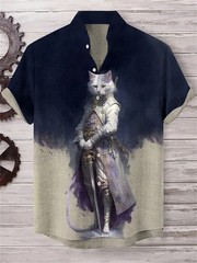 Japanese Ukiyo-e Great Wave Henley Shirt Short Sleeve Linen Cotton Casual