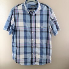 Chaps Mens XL Easy Care Short Sleeve Plaid Button Down Shirt Blue Pink White
