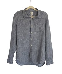 Giordano Men’s Sz M Denim Blue Slim Fit 100% Linen Long Sleeve Roll Tab Shirt