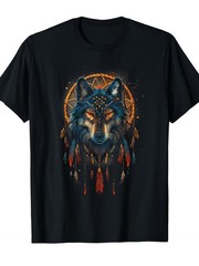 Men’s & Women’s Wolf Dreamcatcher Native American Tribal T-Shirt – Black Wolf He