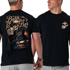 Born In A Bar T-Shirt, 2 Sides Skeleton Marine With Beer Graphic, 1775 USMC Trib
