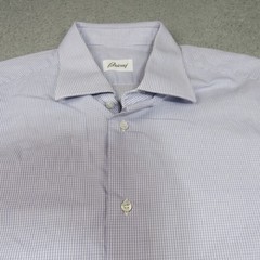 Brioni Mens Blue White Micro Check Cotton Dress Shirt Made in Italy Size L 17