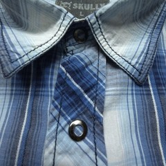 Skully Men Shirt Large Blue Plaid Thin Snap Front Roll Tab Western Casual Cowboy