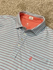 Johnnie O Hanging Out Polo Shirt Mens XL Blue Striped Short Sleeve Stretch