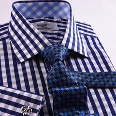 Navy Blue Check Business Shirt Easy Iron Wrinkle Free Matching Blue Inner Lining