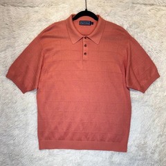 Paul Fredrick Men Large Salmon Coral 100% Silk Knit Short Sleeve Grid Polo Shirt