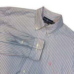 Ralph Lauren Striped Shirt Pink Blue Custom Fit Button Down Preppy 17 34/35 XL