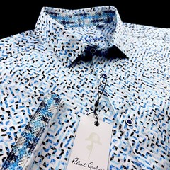 Robert Graham Geometric Mosaic Diamond Print Short Sleeve Shirt White Blue XL