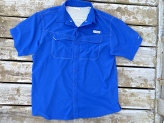 Columbia PFG Fishing Shirt Mens L Blue Omni Shade Vented Short Sleeve, VGUC