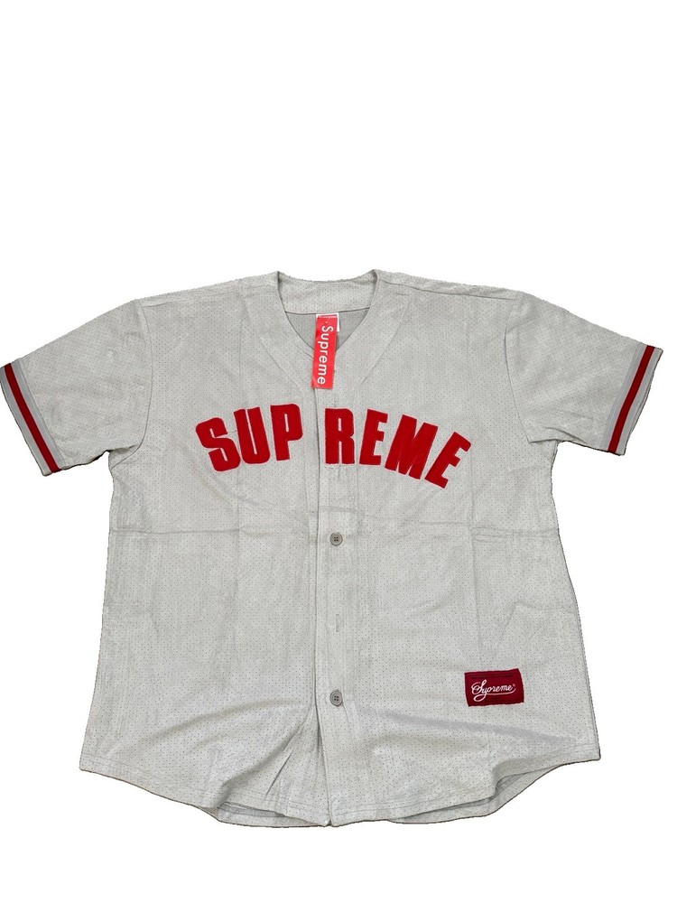 Supreme White Mesh Cotton Button-Up Shirt Red Logo Short Sleeve Size L
