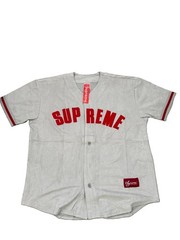 Supreme White Mesh Cotton Button-Up Shirt Red Logo Short Sleeve Size L