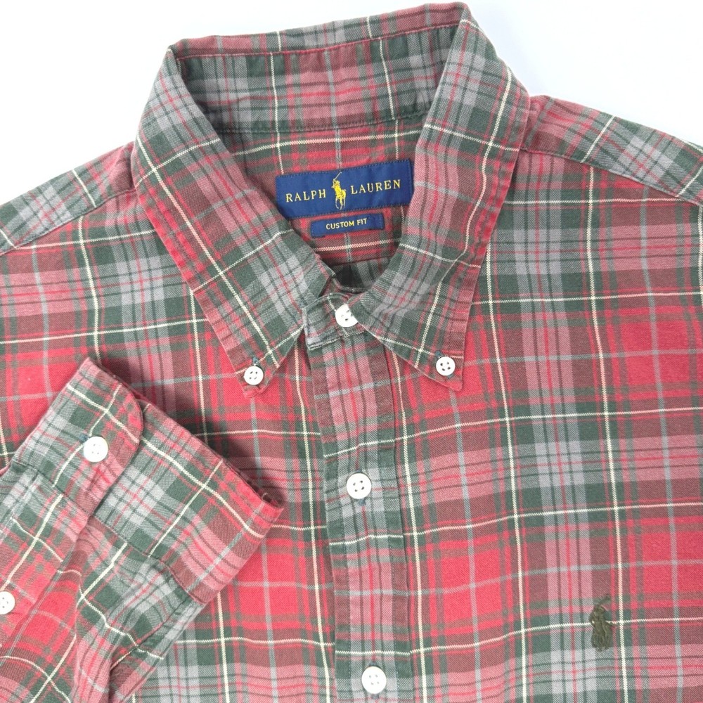 Ralph Lauren Mens Large Custom Fit Plaid Button Down Shirt Red Green Cotton
