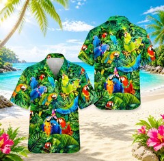 Parrot Tropical Hawaiian Shirt, Bird Flowers Hawaii Unisex Shorts Floral Parrot