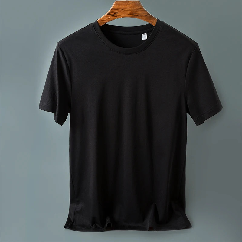 2026 Summer 100% Mercerized Cotton Men Silk T-shirts O-Neck Short Sleeve Loose S