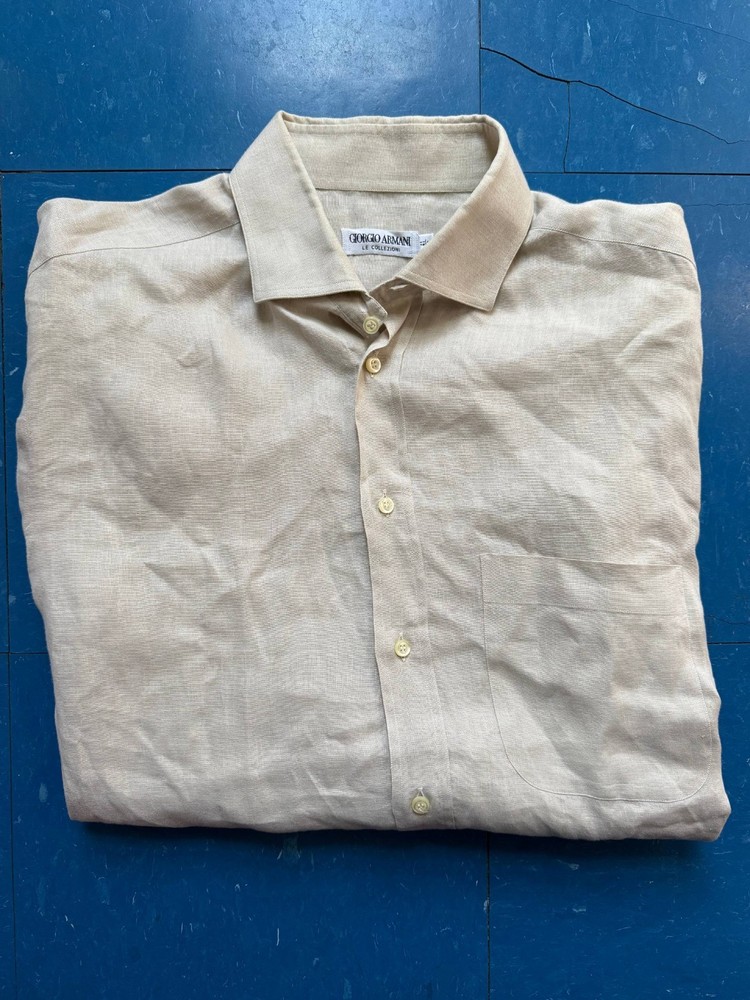 VTG 1980s 90s Giorgio Armani Le Collezioni Beige Linen Men’s Shirt Sz 16/41