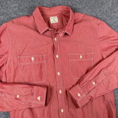 J Crew Chambray Shirt Mens L Pastel Red Long Sleeve Work Utility Chin Strap