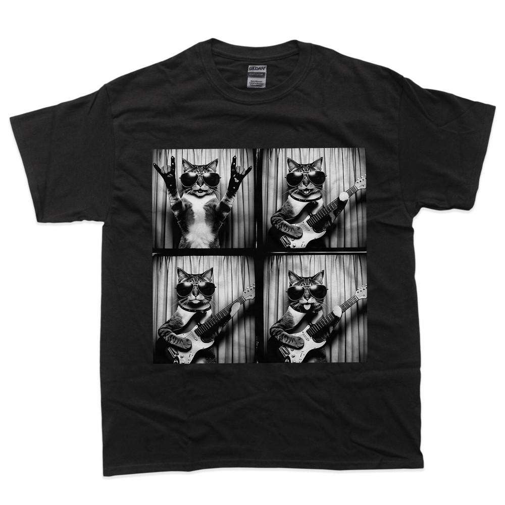 Funny Cat Playing Guitar Photobooth Rock Music Silly Graphic T-Shirt