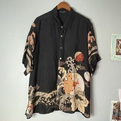 Citron Santa Monica Mens Button Down T Shirt Japanese Aloha Wave XXL 100% Silk