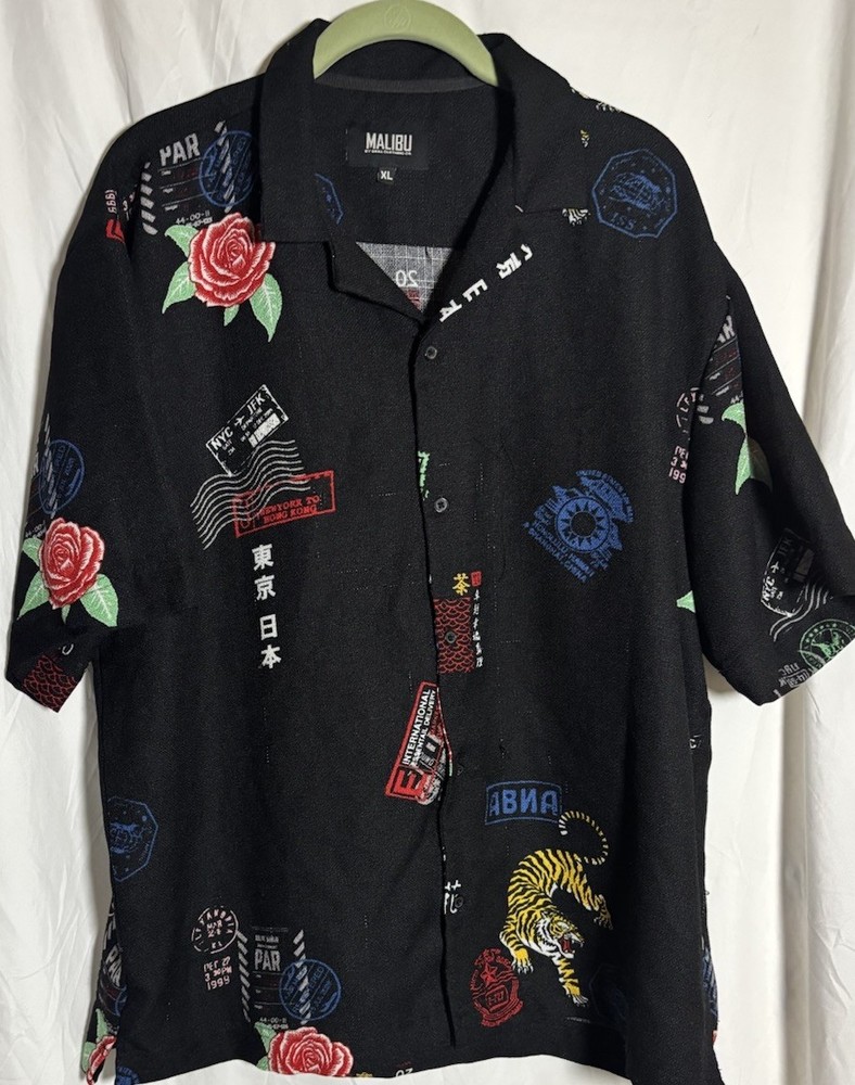 Malibu By Drill Clothing Mens Asian Theme Passport Stamp Travel Shirt Sz. XL