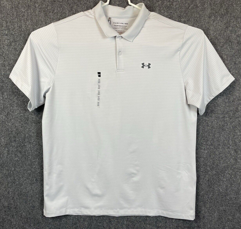 Under Armour Mens Golf Shirt Polo Performance 3.0 Gray White Stripe Polo 3XL