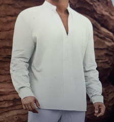 Mens Beige Long Tab Sleeve Henley Mandarin Collar Medium NEW Linen Work Server