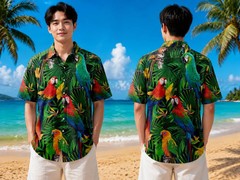 Hawaiian Shirt With Tropical Wildflower And Parrot Print, Hawaiian Shirt For