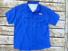 Columbia PFG Fishing Shirt Mens L Blue Omni Shade Vented Short Sleeve, VGUC
