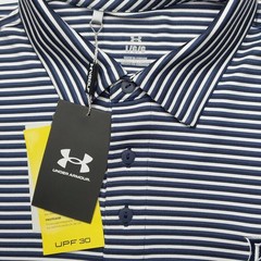 Under Armour Polo Shirt Mens Large UPF 30 Anti Odor Golf Performance Navy Stripe