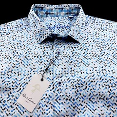 Robert Graham Geometric Mosaic Diamond Print Short Sleeve Shirt White Blue XL