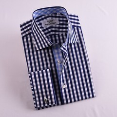 Navy Blue Check Business Shirt Easy Iron Wrinkle Free Matching Blue Inner Lining