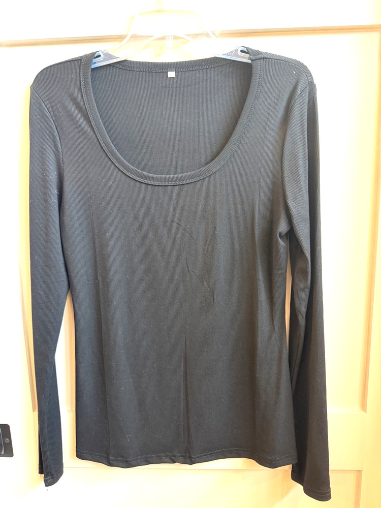 Roselux Women’s Black Long Sleeve Scoop Neck Ribbed Knit Fitted T-Shirt Size XL