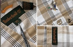 Timberland XL Plaid Flannel Shirt Duck Logo Tan Brown White 100% Cotton