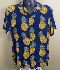 Cactus Man Shirt Mens Large Navy w/ Pineapples Hawaiian Tropical Camp Cuban