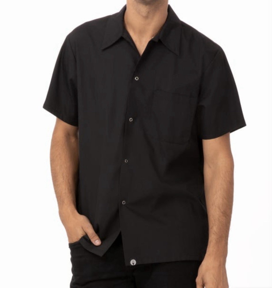 Chef Works Mens Medium Black NWOT Short Sleeve Shirt Snap Front