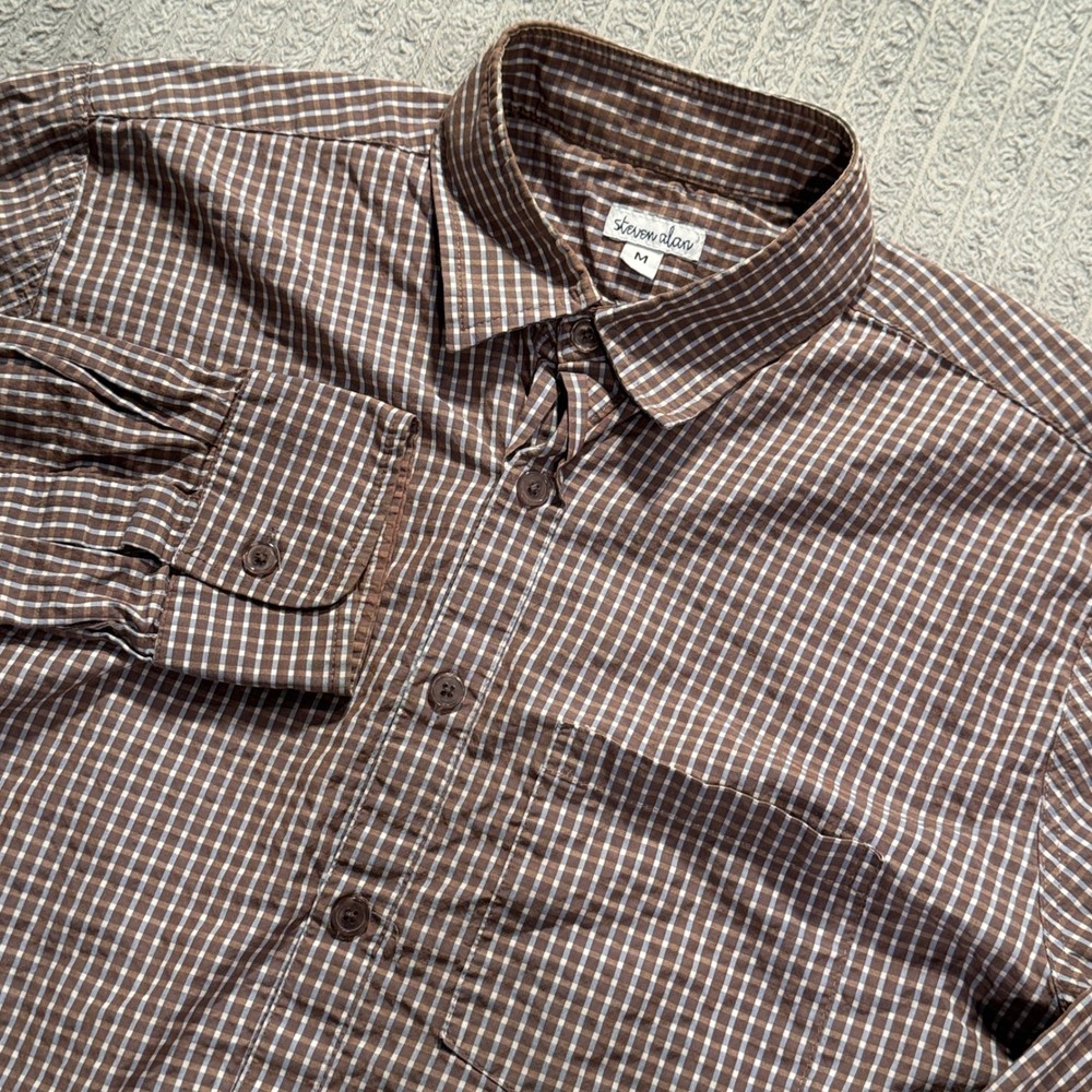 Steven Alan Shirt Men M Brown Cotton Check Long Sleeve Preppy Casual Made in USA