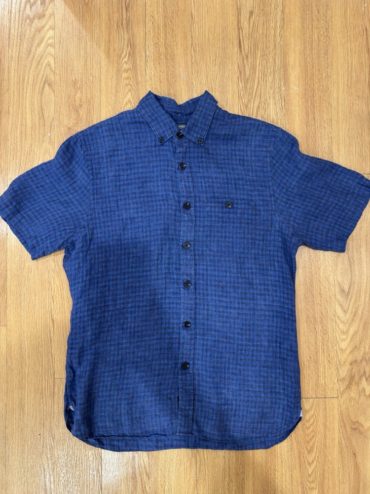 Todd Snyder Linen Blue Short Sleeve Button Up Shirt Size Medium Check Pattern
