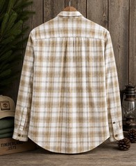 Timberland XL Plaid Flannel Shirt Duck Logo Tan Brown White 100% Cotton
