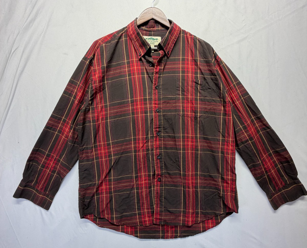 Mountain Lake Shirt Mens Large Red Brown Plaid Cotton Curved Hem Button Down