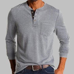 Mens Casual Long Sleeve T-shirt Henley Grandad V Neck Button Solid Tee Shirt Top