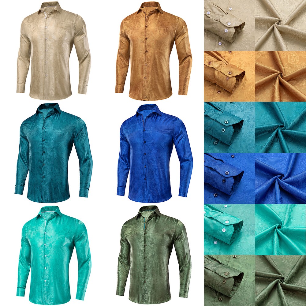 Mens Long Sleeve Button Down Casual Paisley Dress Shirt Silk Slim Tops Shirts