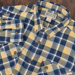 Duluth Trading Free Swingin Flannel Wicking Button Down Blue Yellow Plaid Mens L