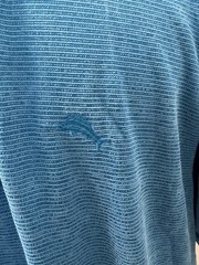 Tommy Bahama Men Size M Blue Striped Polo Shirt Tencel Modal Blend Marlin Logo